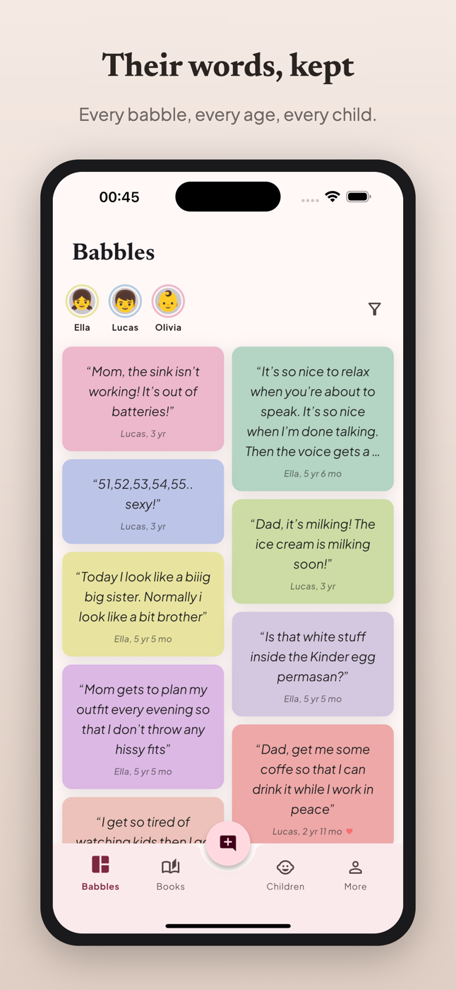 Babblemouth timeline with saved children's quotes